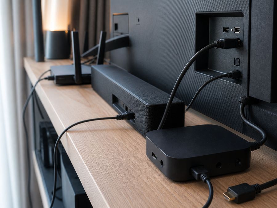 Подключённые кабели HDMI к приставке, саундбару и роутеру за тумбой